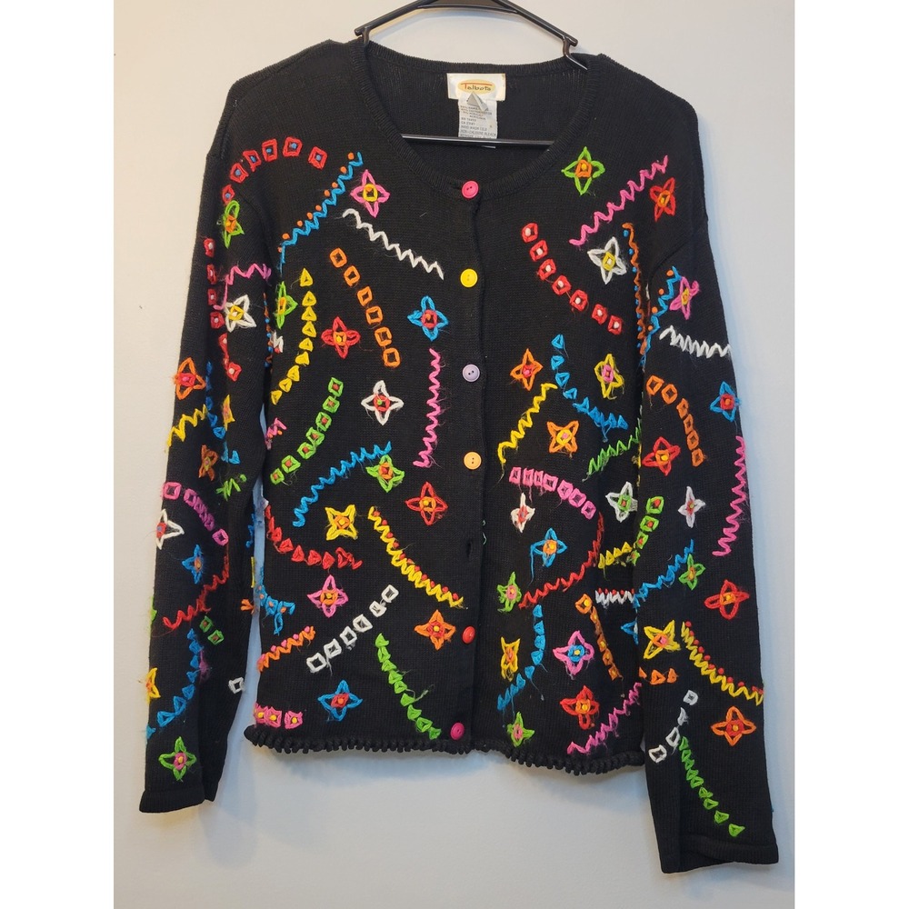 Vintage Talbots Novelty Knit Cardigan Sweater Embroidered Mismatched Button L